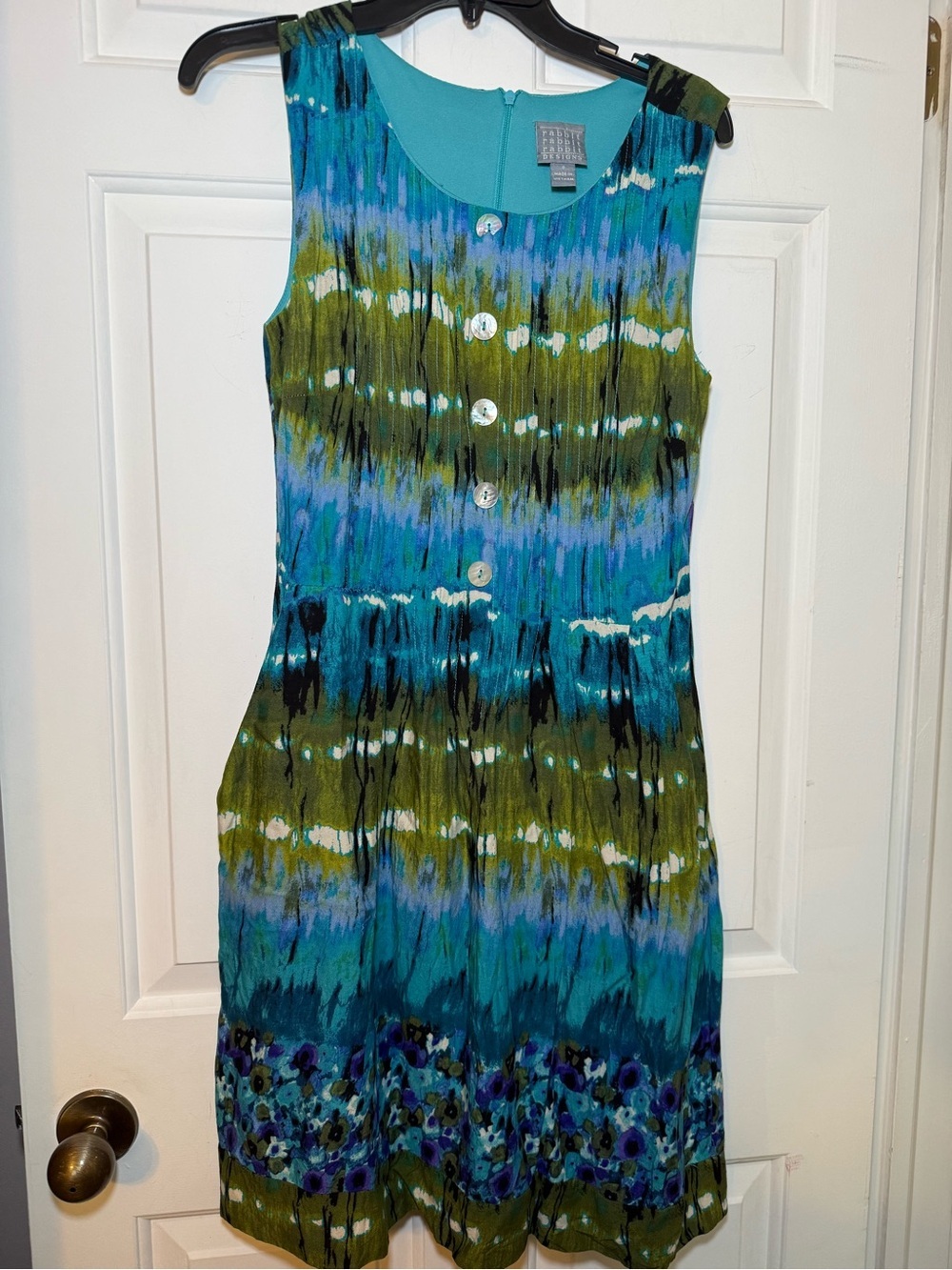 Rabbit Rabbit Rabbit Abstract Watercolor Sheath Dress Sz 8 Pleated Boho Colorful